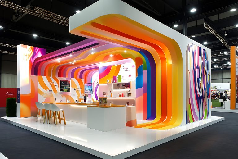 Stand salon aux couleurs vives avec plafond arqué multicolore, comptoir d'accueil blanc et signalétique événementielle moderne