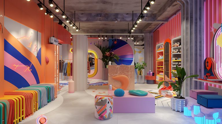Showroom moderne avec signalétique colorée, éclairage LED professionnel et décoration florale sur comptoir central