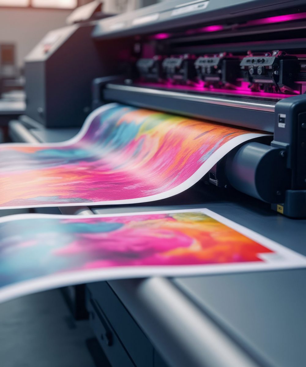 A state-of-the-art printer is producing vibrant, colorful prints that showcase a stunning blend of hues. The image captures the dynamic process of printing, highlighting the intricate details and vivid colors that bring artwork to life.